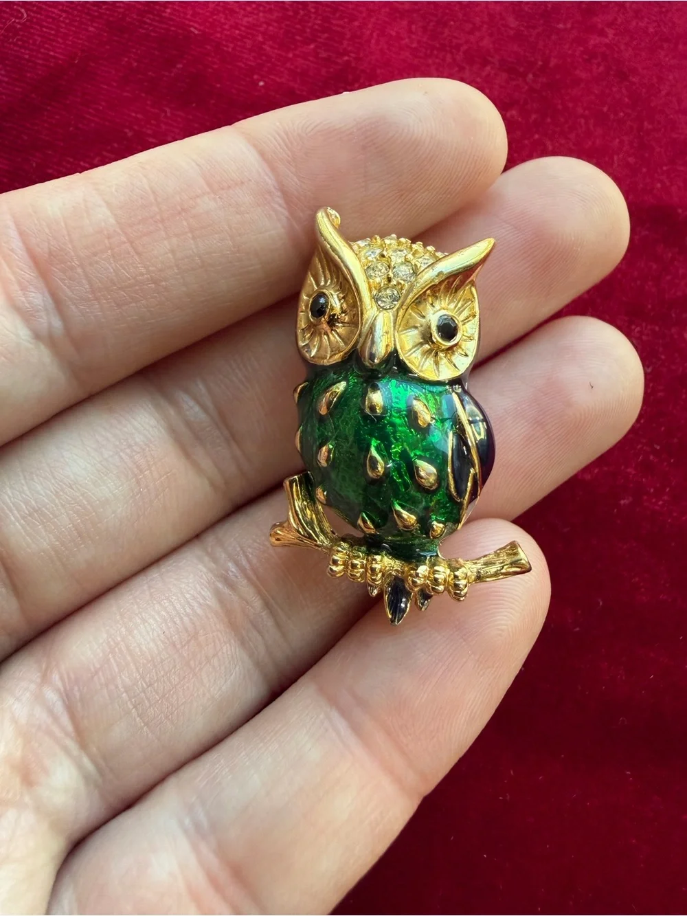 Vintage Green Enamel Owl Diamanté Brooch